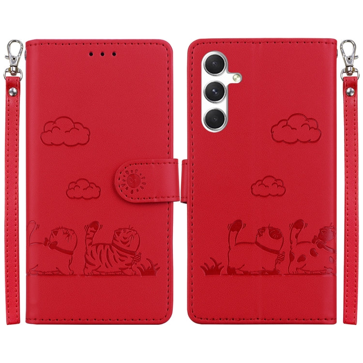 For Samsung Galaxy S25 5G Cute Cats RFID Leather Phone Case(Red) by buy2fix