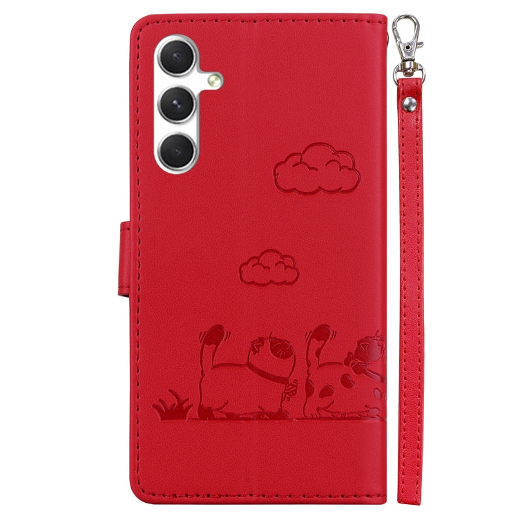 For Samsung Galaxy S25 5G Cute Cats RFID Leather Phone Case(Red) by buy2fix