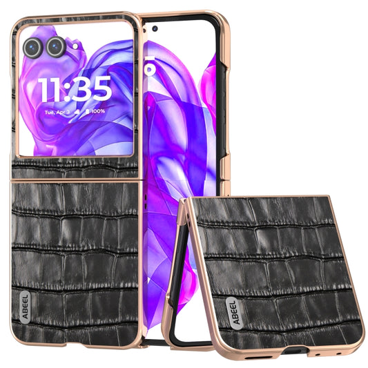 For Motorola Razr 50 ABEEL Electroplating Frame Crocodile Texture Genuine Leather Phone Case(Black) by buy2fix