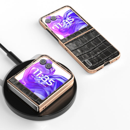 For Motorola Razr 50 ABEEL Electroplating Frame Crocodile Texture Genuine Leather Phone Case(Black) by buy2fix