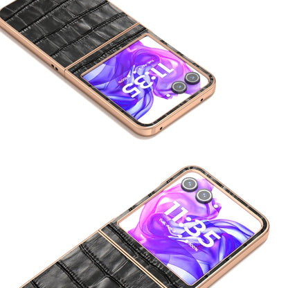 For Motorola Razr 50 ABEEL Electroplating Frame Crocodile Texture Genuine Leather Phone Case(Black) by buy2fix