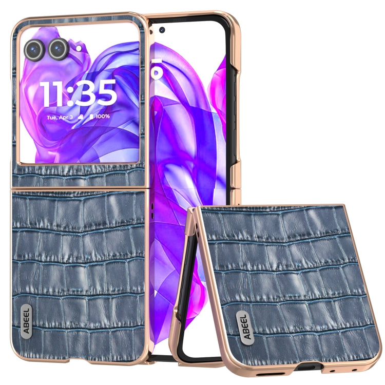 For Motorola Razr 50 ABEEL Electroplating Frame Crocodile Texture Genuine Leather Phone Case(Blue) by buy2fix