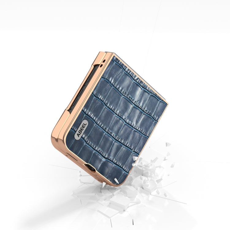 For Motorola Razr 50 ABEEL Electroplating Frame Crocodile Texture Genuine Leather Phone Case(Blue) by buy2fix