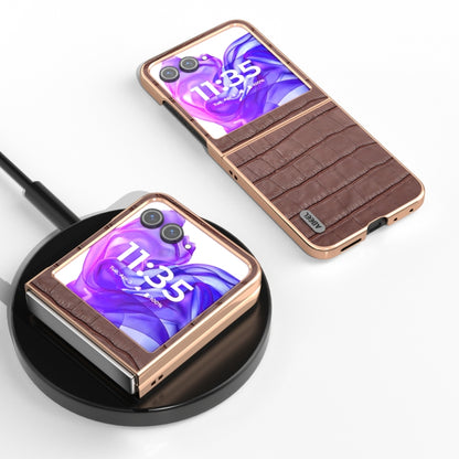 For Motorola Razr 50 ABEEL Electroplating Frame Crocodile Texture Genuine Leather Phone Case(Brown) by buy2fix