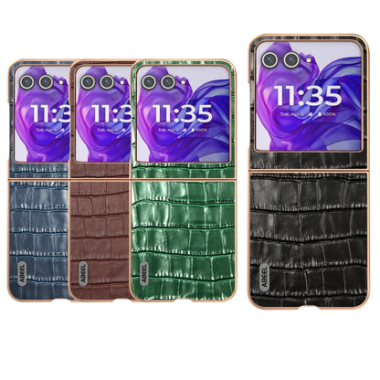 For Motorola Razr 50 ABEEL Electroplating Frame Crocodile Texture Genuine Leather Phone Case(Brown) by buy2fix