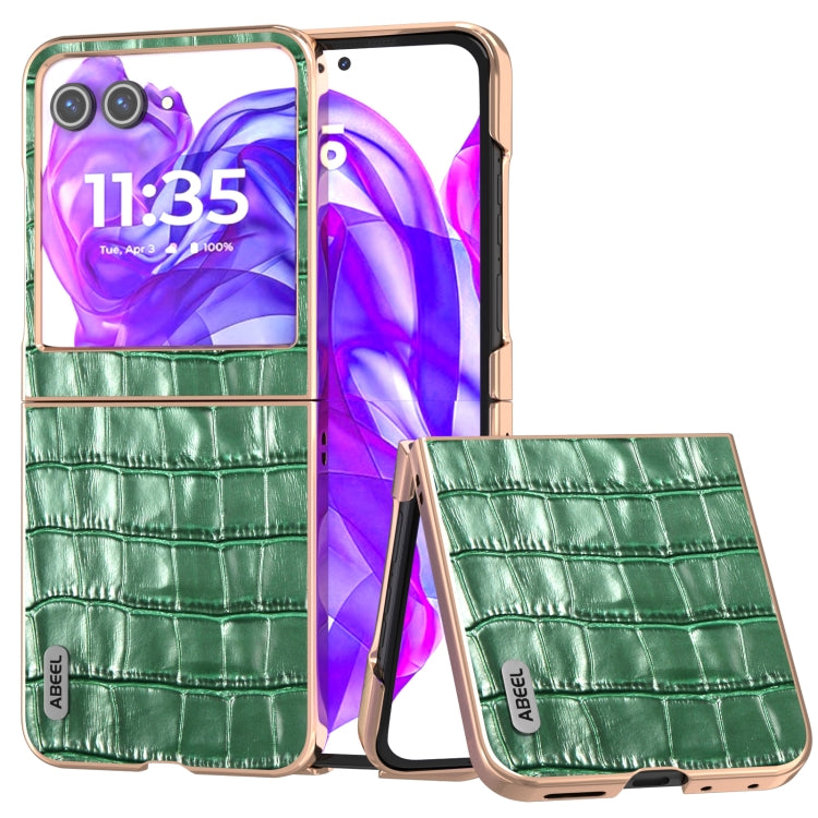 For Motorola Razr 50 ABEEL Electroplating Frame Crocodile Texture Genuine Leather Phone Case(Green) by buy2fix