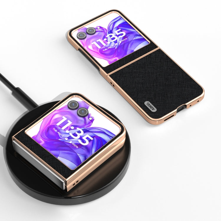 For Motorola Razr 50 ABEEL Electroplating Frame Cross Texture Genuine Leather Phone Case(Black) by buy2fix