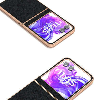 For Motorola Razr 50 ABEEL Electroplating Frame Cross Texture Genuine Leather Phone Case(Black) by buy2fix