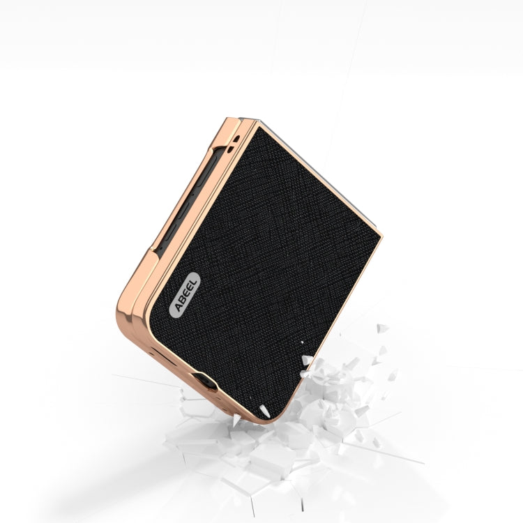 For Motorola Razr 50 ABEEL Electroplating Frame Cross Texture Genuine Leather Phone Case(Black) by buy2fix