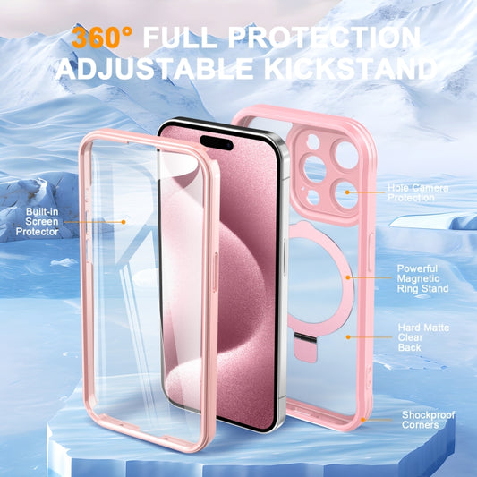 For iPhone 15 Pro Max Skin Feel MagSafe Holder 360 Full Body Phone Case(Pink) - iPhone 15 Pro Max Cases by buy2fix | Online Shopping UK | buy2fix