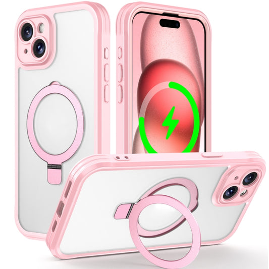 For iPhone 15 Skin Feel MagSafe Holder 360 Full Body Phone Case(Pink) - iPhone 15 Cases by buy2fix | Online Shopping UK | buy2fix