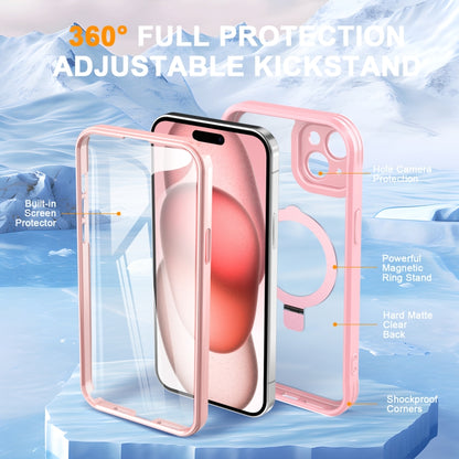For iPhone 15 Skin Feel MagSafe Holder 360 Full Body Phone Case(Pink) - iPhone 15 Cases by buy2fix | Online Shopping UK | buy2fix