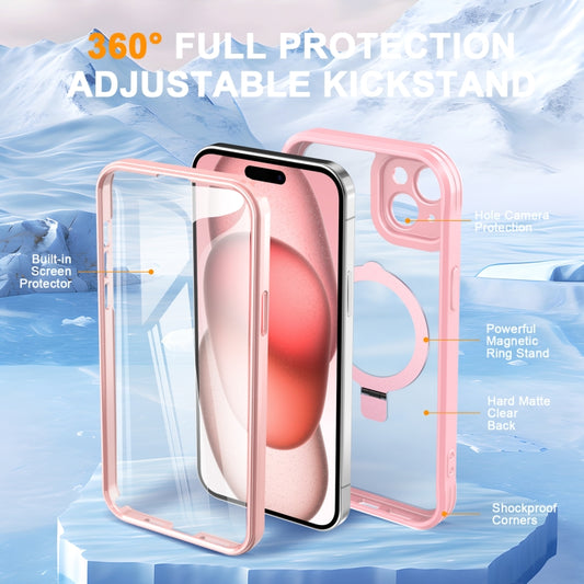 For iPhone 15 Skin Feel MagSafe Holder 360 Full Body Phone Case(Pink) - iPhone 15 Cases by buy2fix | Online Shopping UK | buy2fix