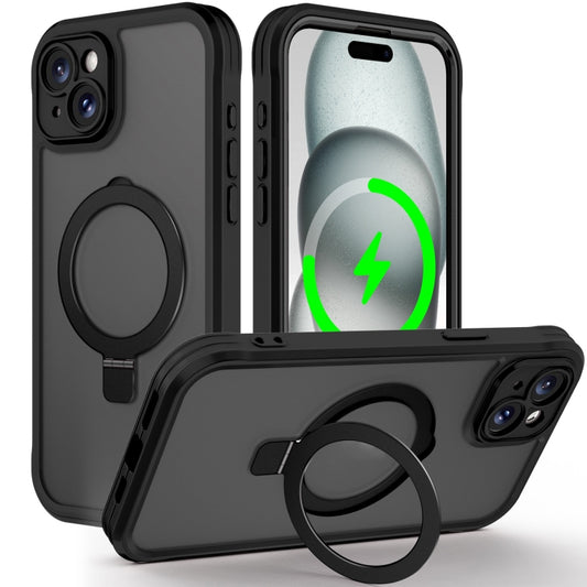 For iPhone 15 Skin Feel MagSafe Holder 360 Full Body Phone Case(Black) - iPhone 15 Cases by buy2fix | Online Shopping UK | buy2fix