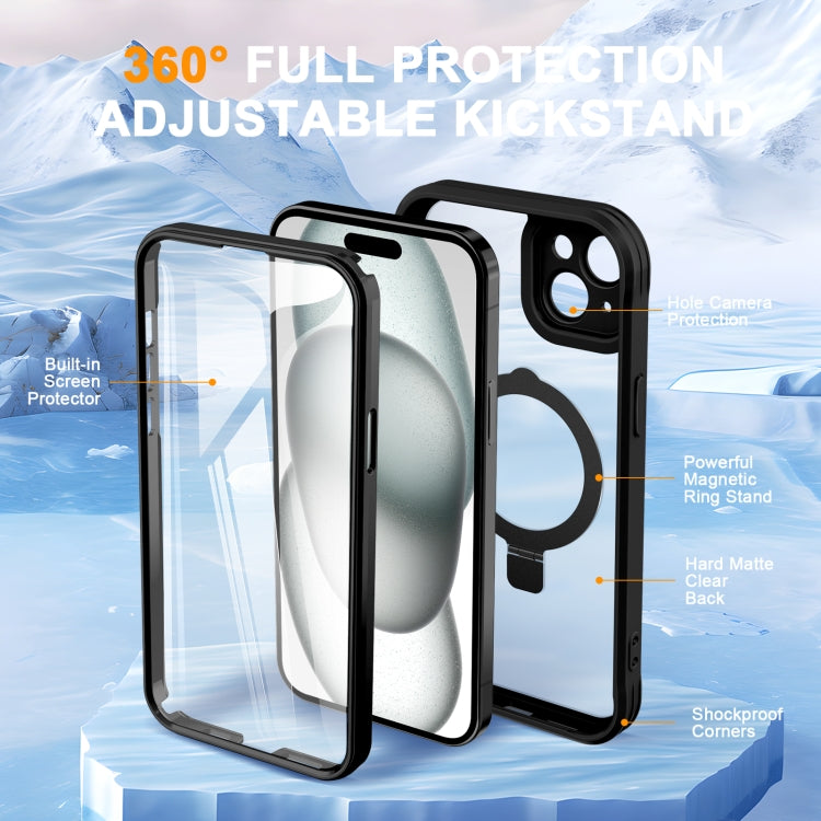 For iPhone 15 Skin Feel MagSafe Holder 360 Full Body Phone Case(Black) - iPhone 15 Cases by buy2fix | Online Shopping UK | buy2fix