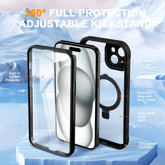 For iPhone 15 Skin Feel MagSafe Holder 360 Full Body Phone Case(Black) - iPhone 15 Cases by buy2fix | Online Shopping UK | buy2fix