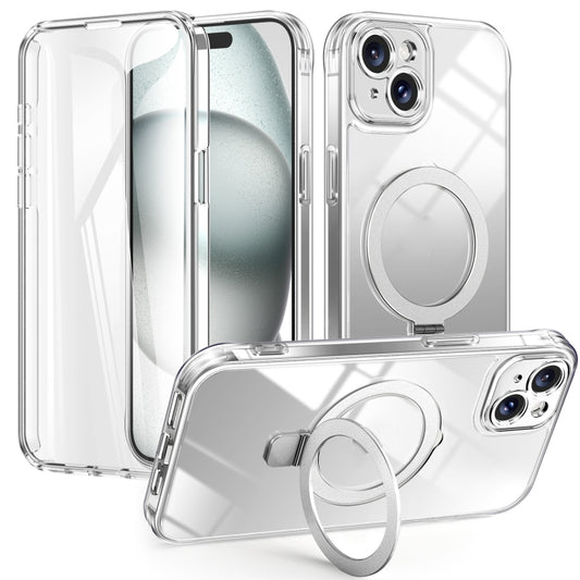 For iPhone 15 Skin Feel MagSafe Holder 360 Full Body Phone Case(Transparent) - iPhone 15 Cases by buy2fix | Online Shopping UK | buy2fix