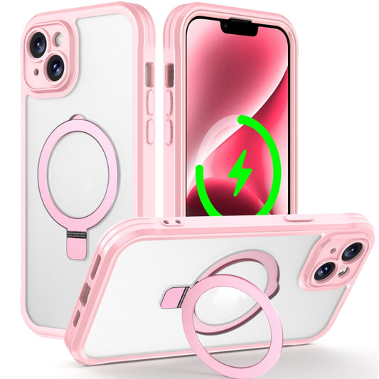 For iPhone 14 / 13 Skin Feel MagSafe Holder 360 Full Body Phone Case(Pink) - iPhone 14 Cases by buy2fix | Online Shopping UK | buy2fix