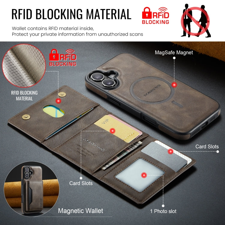 For iPhone 16 Plus MAGKING K2 Series MagSafe RFID Card Bag Detachable Phone Case(Coffee) - iPhone 16 Plus Cases by MAGKING | Online Shopping UK | buy2fix