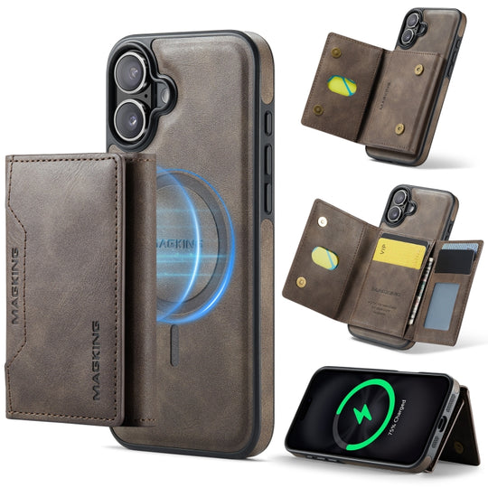 For iPhone 16 MAGKING K2 Series MagSafe RFID Card Bag Detachable Phone Case(Coffee)