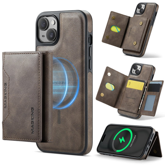 For iPhone 13 MAGKING K2 Series MagSafe RFID Card Bag Detachable Phone Case(Coffee)