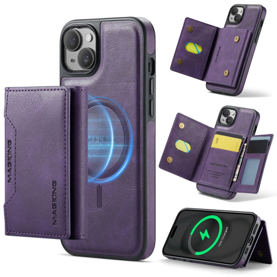 For iPhone 13 MAGKING K2 Series MagSafe RFID Card Bag Detachable Phone Case(Purple)