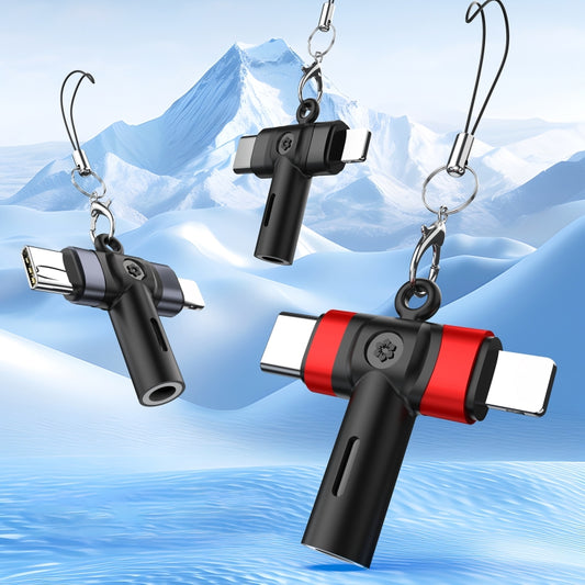 2 in 1 Flower Pattern Type-C and 8 Pin to 3.5mm Audio Adapter with Lanyard(Blue Black) - Earphone Adapter by buy2fix | Online Shopping UK | buy2fix