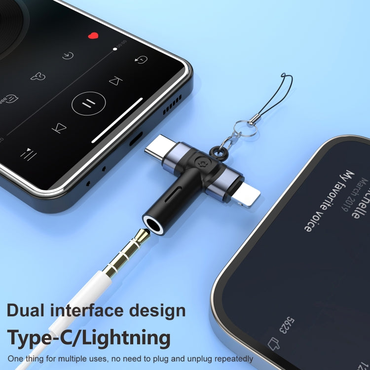 2 in 1 Flower Pattern Type-C and 8 Pin to 3.5mm Audio Adapter with Lanyard(Grey Black) - Earphone Adapter by buy2fix | Online Shopping UK | buy2fix