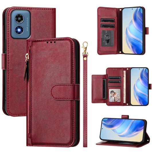 For Motorola Moto G Play 4G 2024 Global Multi-Card Slots Zipper Wallet Leather Phone Case(Dark Red) by buy2fix