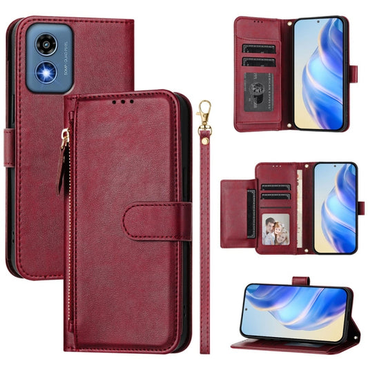 For Motorola Moto G Play 5G 2024 Multi-Card Slots Zipper Wallet Leather Phone Case(Dark Red) by buy2fix