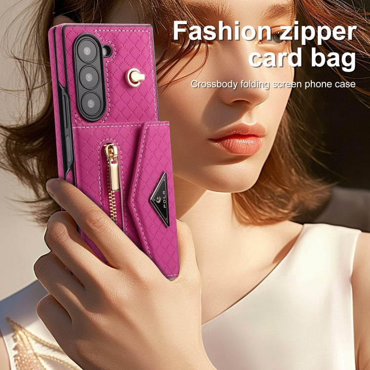 For Samsung Galaxy Z Fold6 POLA Grid Texture Multi-Card Slots Zipper Wallet Phone Case(Rose Red) - Galaxy Z Fold6 5G Cases by POLA | Online Shopping UK | buy2fix