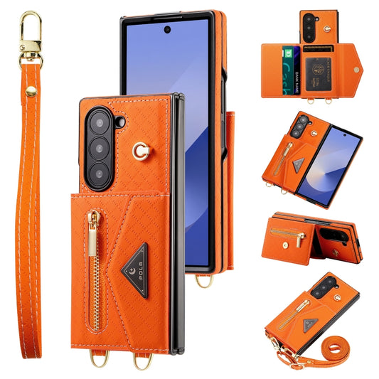 For Samsung Galaxy Z Fold6 POLA Grid Texture Multi-Card Slots Zipper Wallet Phone Case(Orange) - Galaxy Z Fold6 5G Cases by POLA | Online Shopping UK | buy2fix