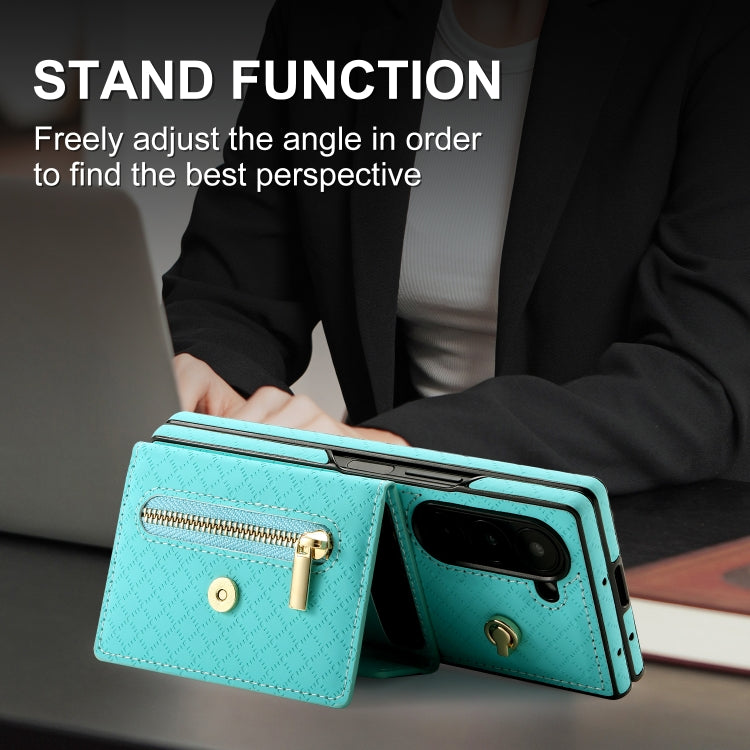 For Samsung Galaxy Z Fold6 POLA Grid Texture Multi-Card Slots Zipper Wallet Phone Case(Blue) - Galaxy Z Fold6 5G Cases by POLA | Online Shopping UK | buy2fix