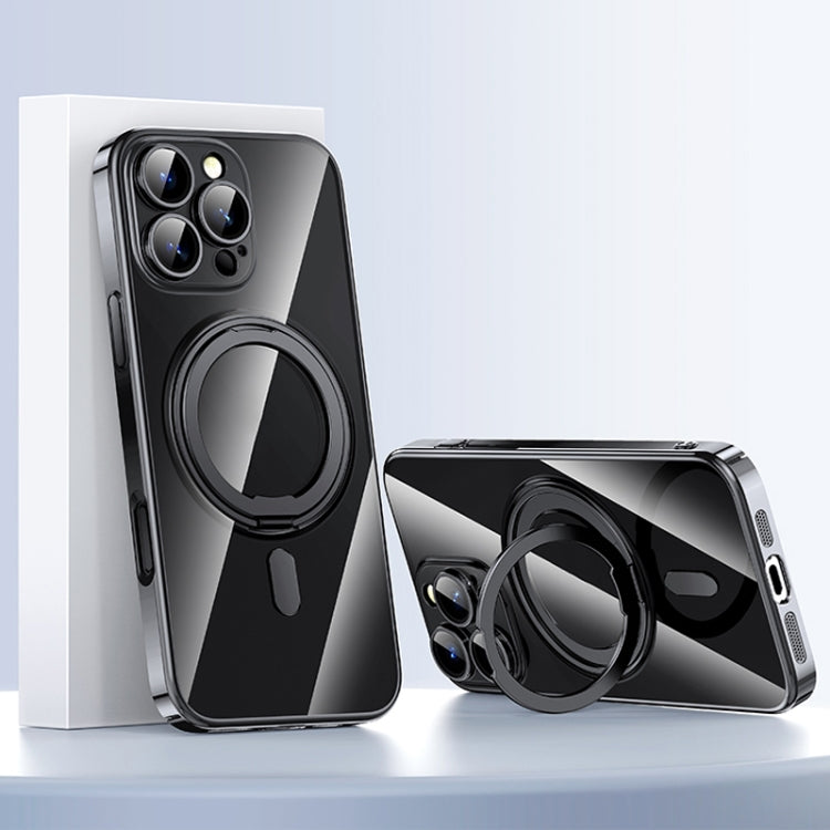 For iPhone 16 Pro Max Plating PC 360 Ring Holder Magsafe Phone Case(Clear Black) by buy2fix