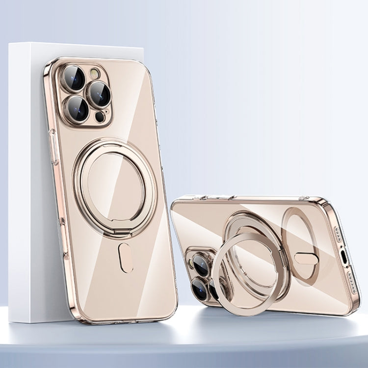 For iPhone 16 Pro Max Plating PC 360 Ring Holder Magsafe Phone Case(Clear Gold) by buy2fix