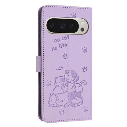 For Google Pixel 10 Pro XL Embossed Kitten Phone Leather Case with Lanyard(Purple) - Google Cases by buy2fix | Online Shopping UK | buy2fix