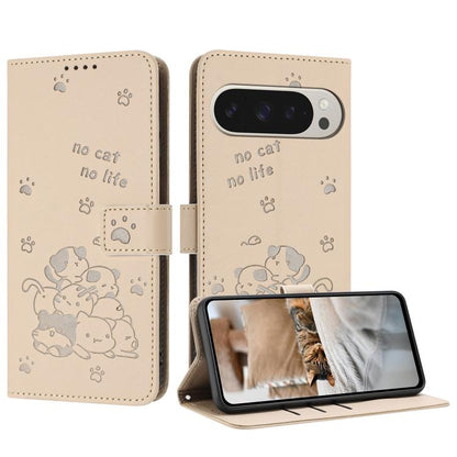 For Google Pixel 10 Pro XL Embossed Kitten Phone Leather Case with Lanyard(Beige) - Google Cases by buy2fix | Online Shopping UK | buy2fix