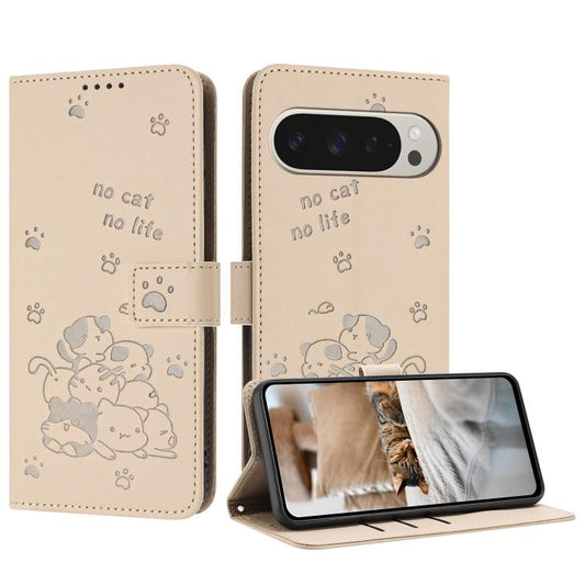 For Google Pixel 10 Pro XL Embossed Kitten Phone Leather Case with Lanyard(Beige) - Google Cases by buy2fix | Online Shopping UK | buy2fix
