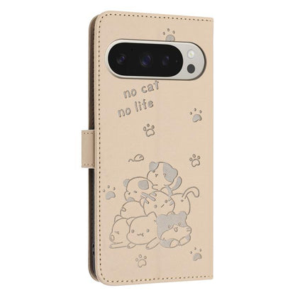For Google Pixel 10 Pro XL Embossed Kitten Phone Leather Case with Lanyard(Beige) - Google Cases by buy2fix | Online Shopping UK | buy2fix