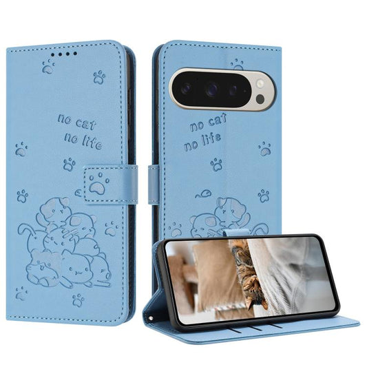 For Google Pixel 10 Pro XL Embossed Kitten Phone Leather Case with Lanyard(Blue) - Google Cases by buy2fix | Online Shopping UK | buy2fix