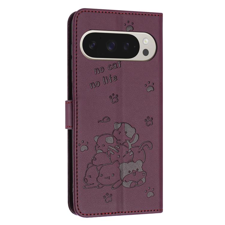 For Google Pixel 10 Pro XL Embossed Kitten Phone Leather Case with Lanyard(Wine Red) - Google Cases by buy2fix | Online Shopping UK | buy2fix