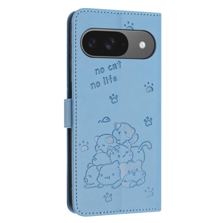 For Google Pixel 10 / 10 Pro Embossed Kitten Phone Leather Case with Lanyard(Blue) - Google Cases by buy2fix | Online Shopping UK | buy2fix