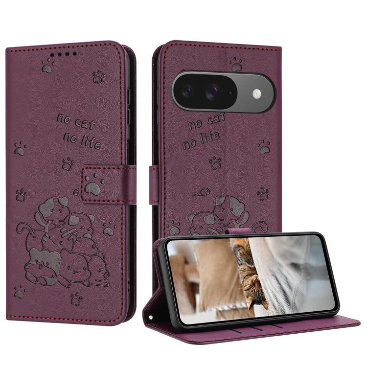 For Google Pixel 10 / 10 Pro Embossed Kitten Phone Leather Case with Lanyard(Wine Red) - Google Cases by buy2fix | Online Shopping UK | buy2fix