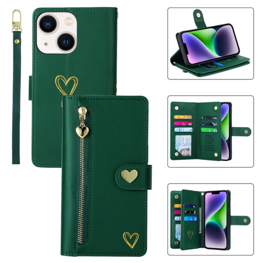 For iPhone 14 Plus POLA Love Multi-Card Slots Zipper Wallet Leather Phone Case(Dark Green) - iPhone 14 Plus Cases by POLA | Online Shopping UK | buy2fix