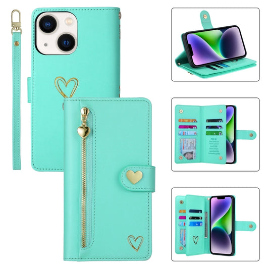 For iPhone 14 Plus POLA Love Multi-Card Slots Zipper Wallet Leather Phone Case(Light Green) - iPhone 14 Plus Cases by POLA | Online Shopping UK | buy2fix