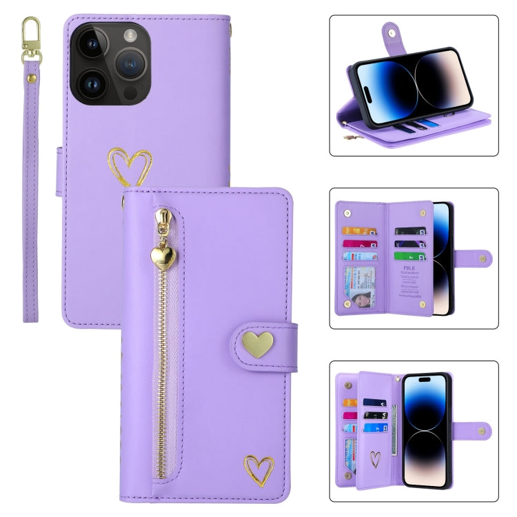 For iPhone 14 Pro POLA Love Multi-Card Slots Zipper Wallet Leather Phone Case(Purple) - iPhone 14 Pro Cases by POLA | Online Shopping UK | buy2fix