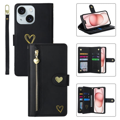 For iPhone 15 POLA Love Multi-Card Slots Zipper Wallet Leather Phone Case(Black) - iPhone 15 Cases by POLA | Online Shopping UK | buy2fix