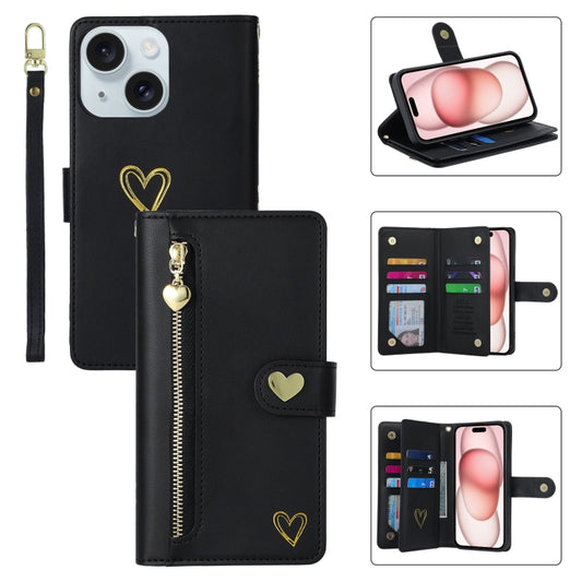 For iPhone 15 POLA Love Multi-Card Slots Zipper Wallet Leather Phone Case(Black) - iPhone 15 Cases by POLA | Online Shopping UK | buy2fix