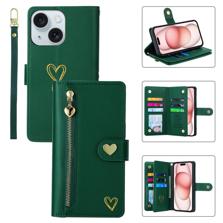 For iPhone 15 POLA Love Multi-Card Slots Zipper Wallet Leather Phone Case(Dark Green) - iPhone 15 Cases by POLA | Online Shopping UK | buy2fix