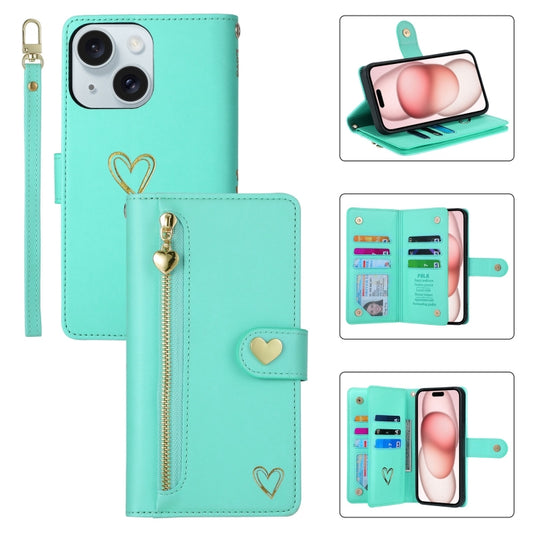 For iPhone 15 POLA Love Multi-Card Slots Zipper Wallet Leather Phone Case(Light Green) - iPhone 15 Cases by POLA | Online Shopping UK | buy2fix